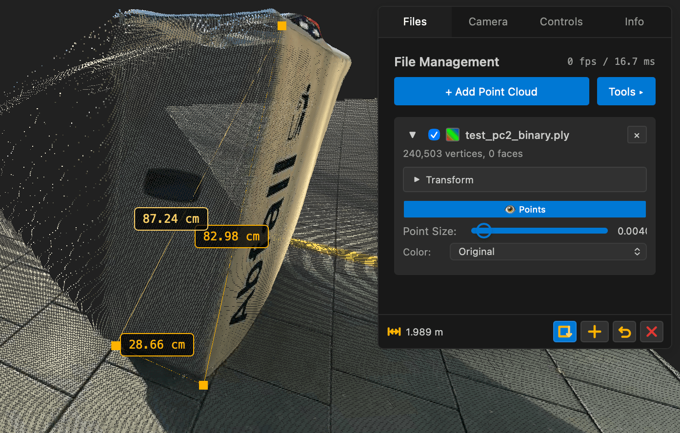 A measured point cloud in the 3D viewer, with file controls and point size settings on the right